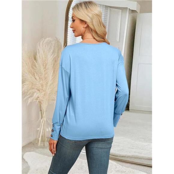 Women's V-Neck Button-Down Long Sleeve Casual T-Shirt Blouse - Picture 3 of 6